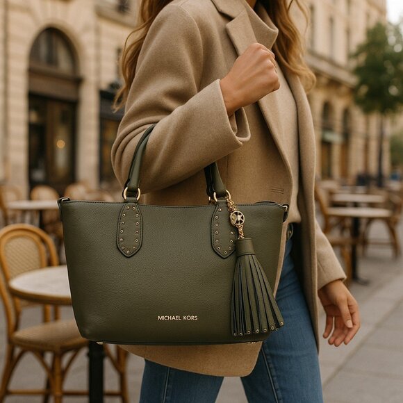 MICHAEL KORS Brooklyn Olive Pebble Leather Satchel with Crossing Body Strap - Picture 1 of 10